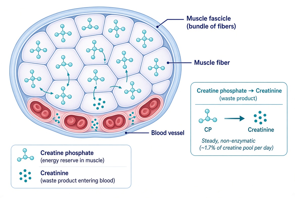Cross-section of a muscle fascicle showing creatine phosphate converting to creatinine, which enters nearby blood vessels