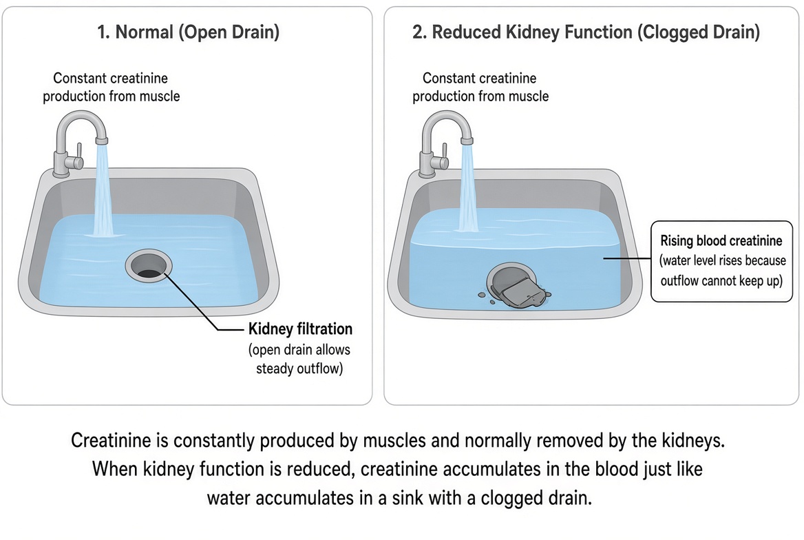 Two sinks with the same faucet flow; the one with a clogged drain has a higher water level, like rising blood creatinine