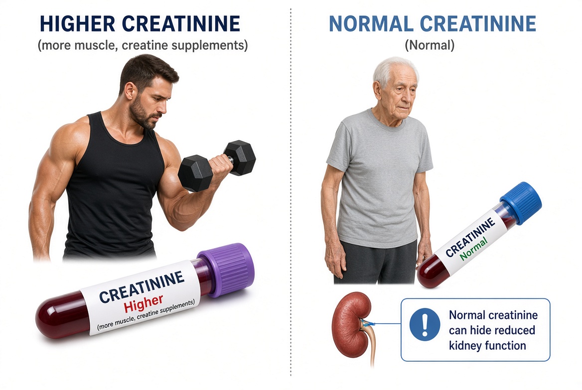 A muscular man with a higher creatinine and a thin elderly man whose normal creatinine can hide reduced kidney function