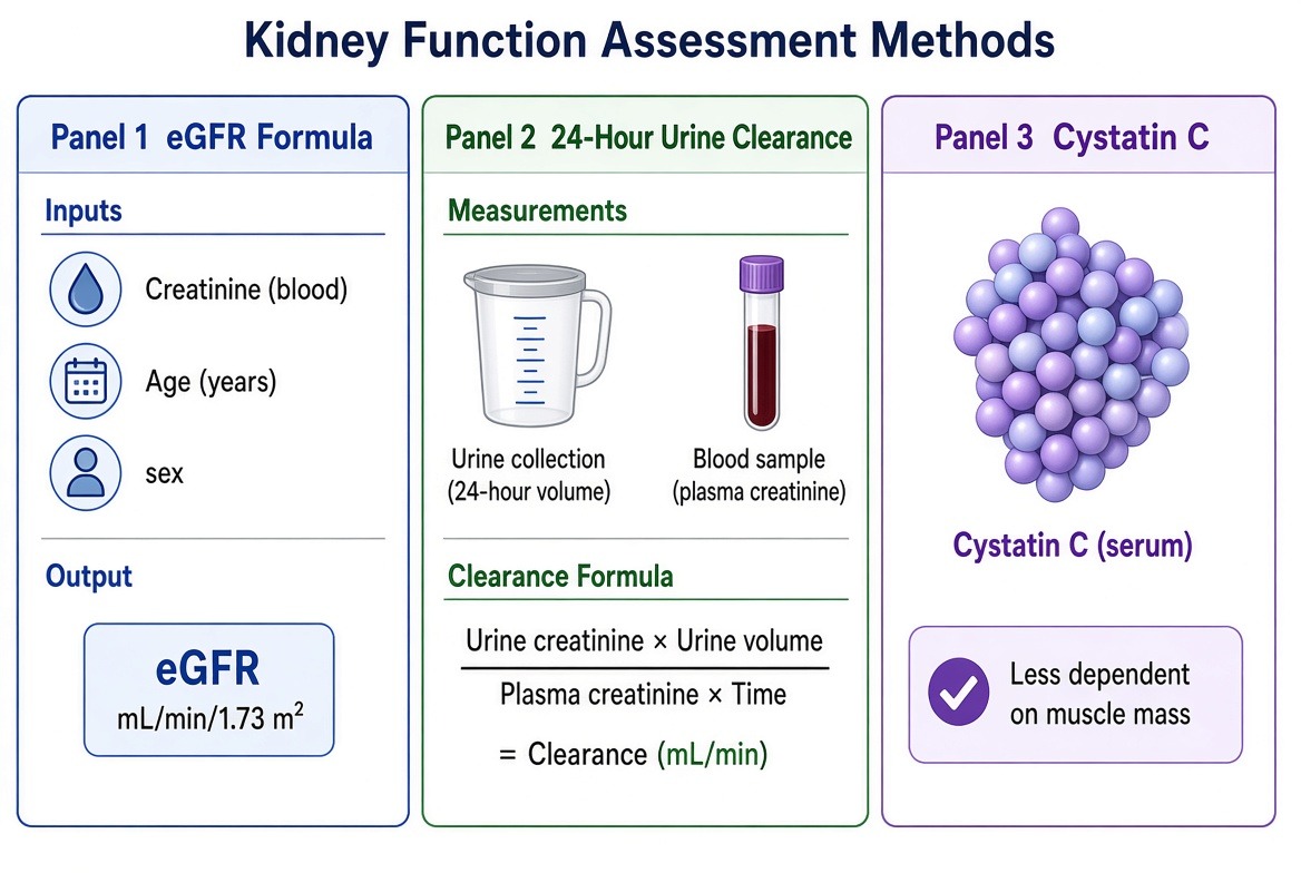 Three panels: eGFR from creatinine, age and sex; 24-hour urine clearance formula; cystatin C